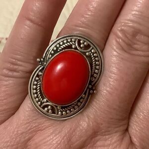 STERLING SILVER 925 RED CORAL WOMAN RING SIZE US 8​